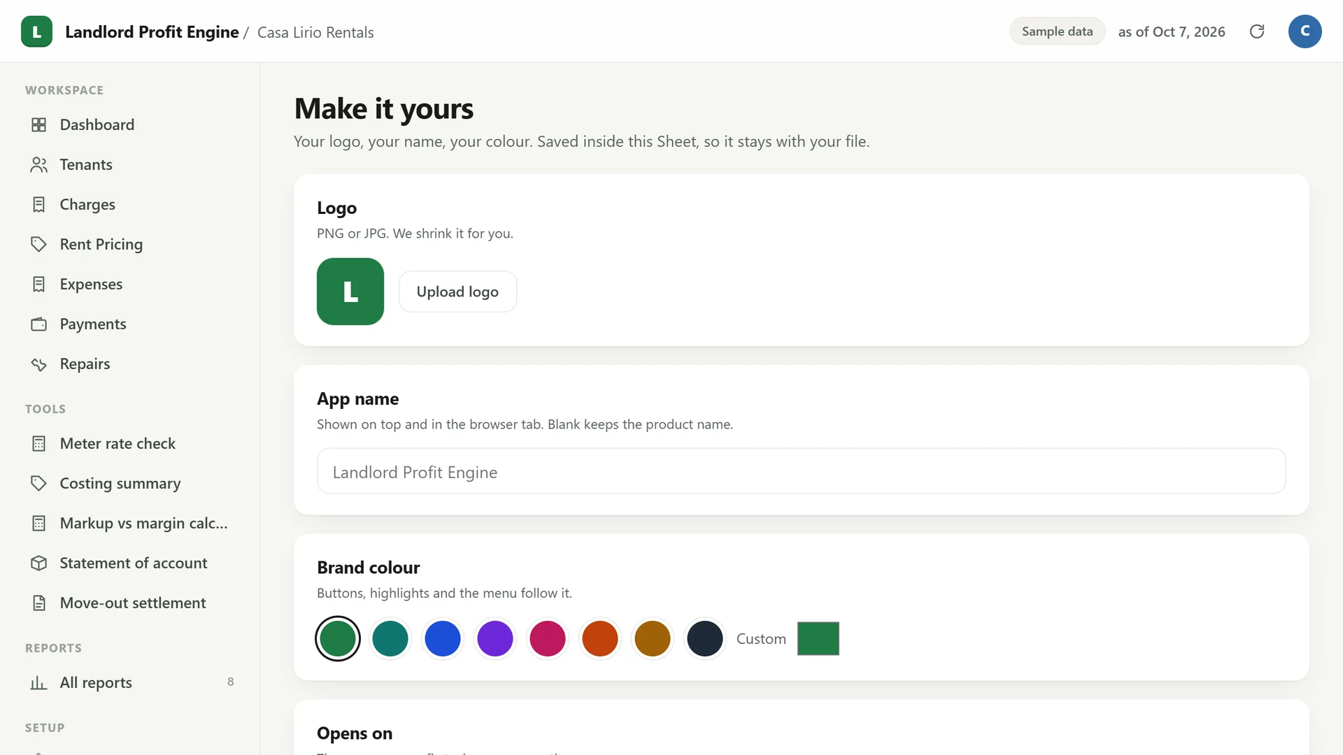 Profit Engine app: Make it yours: your logo, app name and colour (sample data)