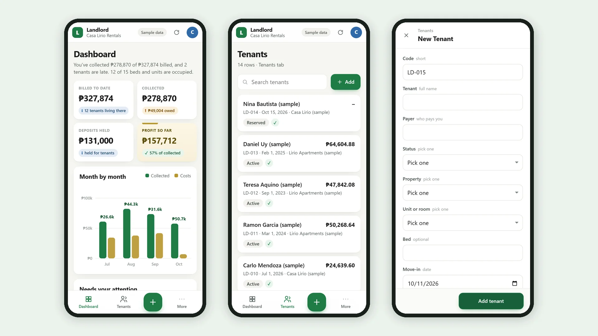 Profit Engine app: the same app on a phone: dashboard, list and add form (sample data)
