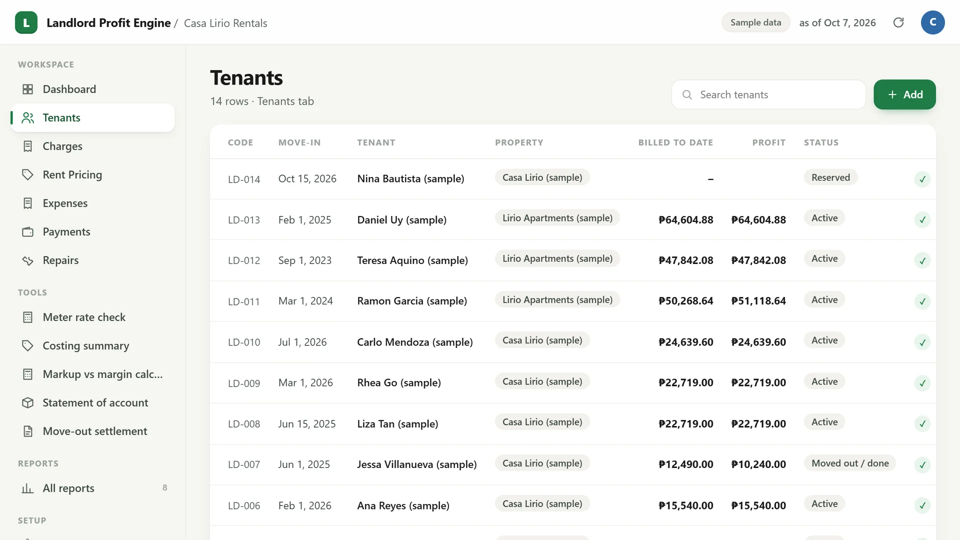 Profit Engine app: the tenant list (sample data)