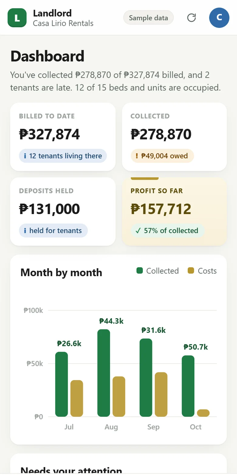 Landlord Profit Engine app on a phone (sample data)