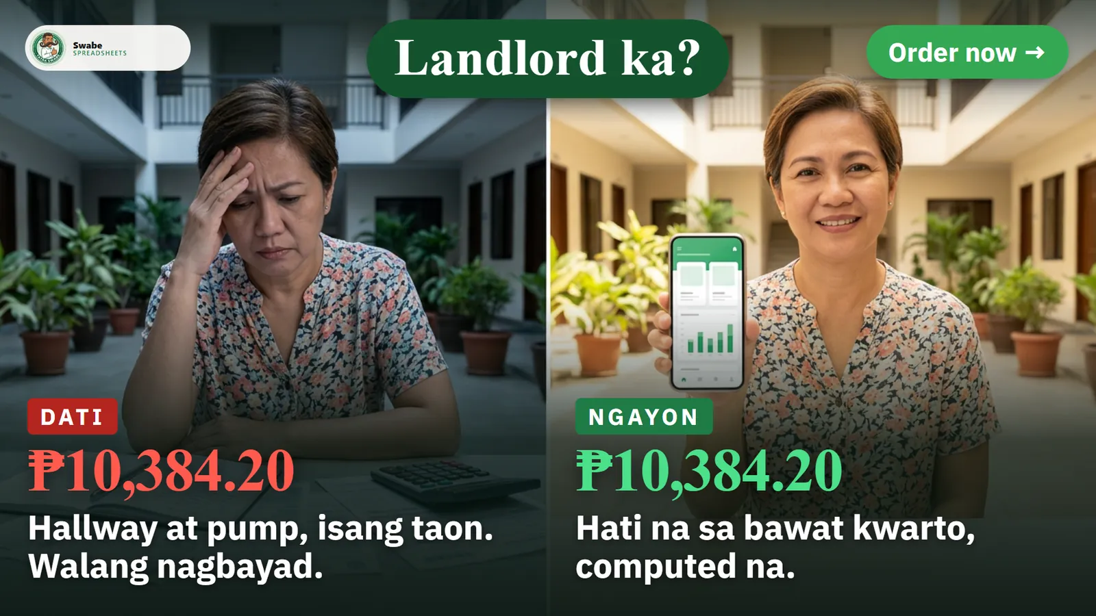 Illustration: a landlord owner, stressed before and calm after with the app on the phone