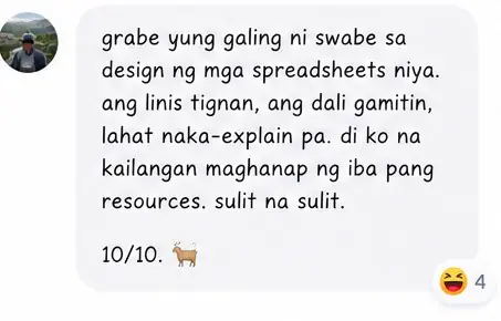 Message from a Swabe Spreadsheets buyer