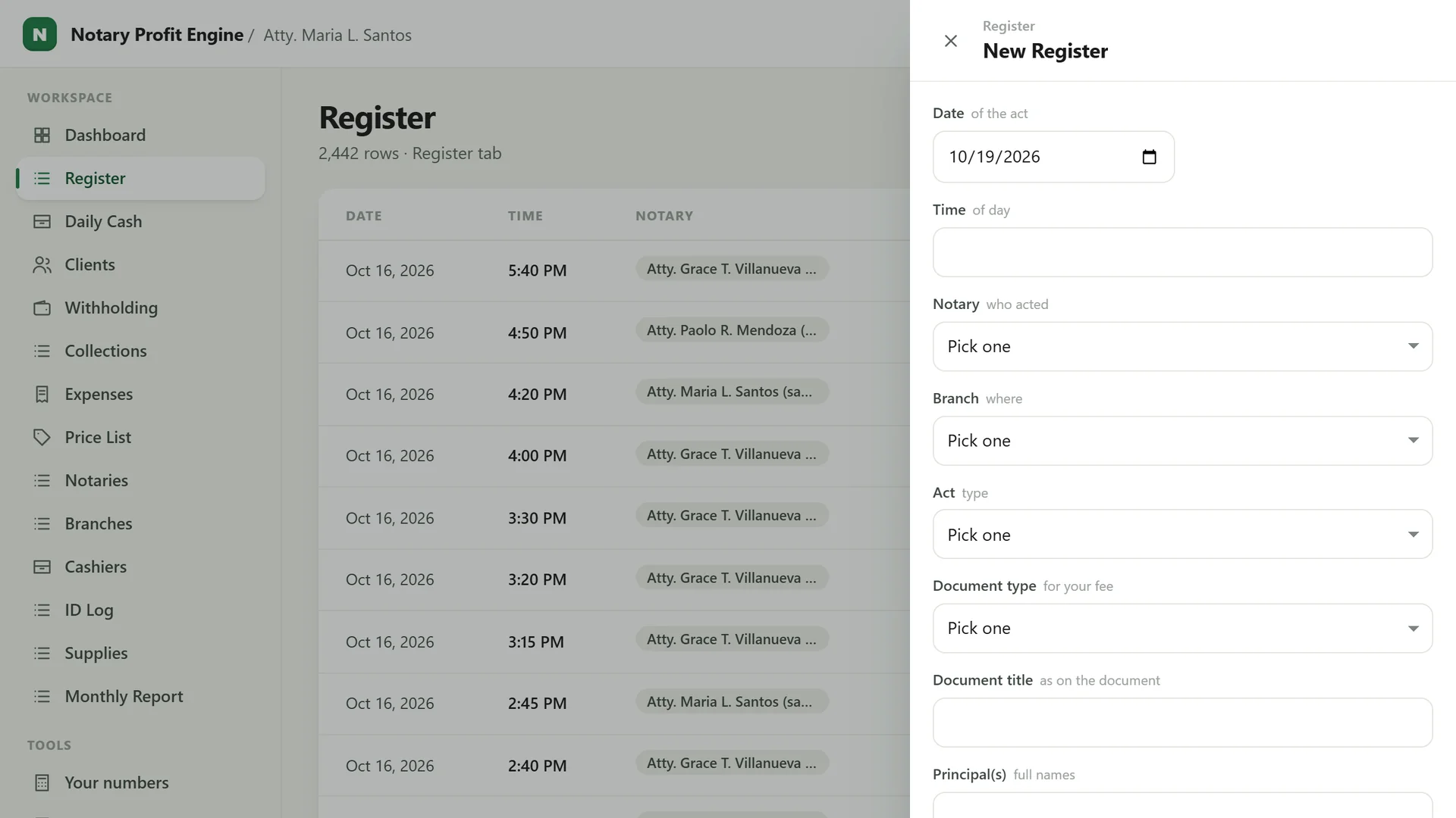 Profit Engine app: the add form for a new register entry (sample data)