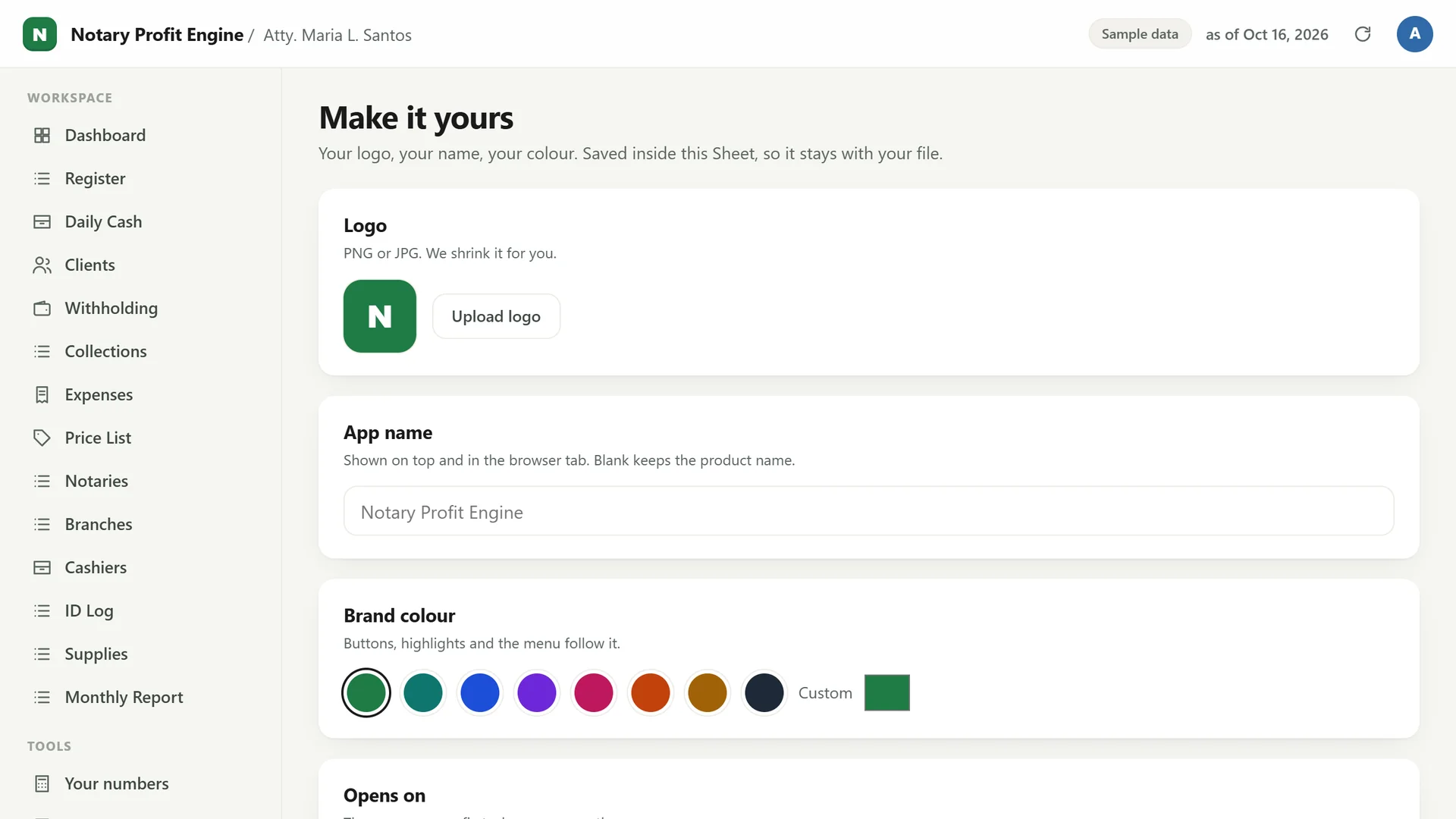 Profit Engine app: Make it yours: your logo, app name and colour (sample data)
