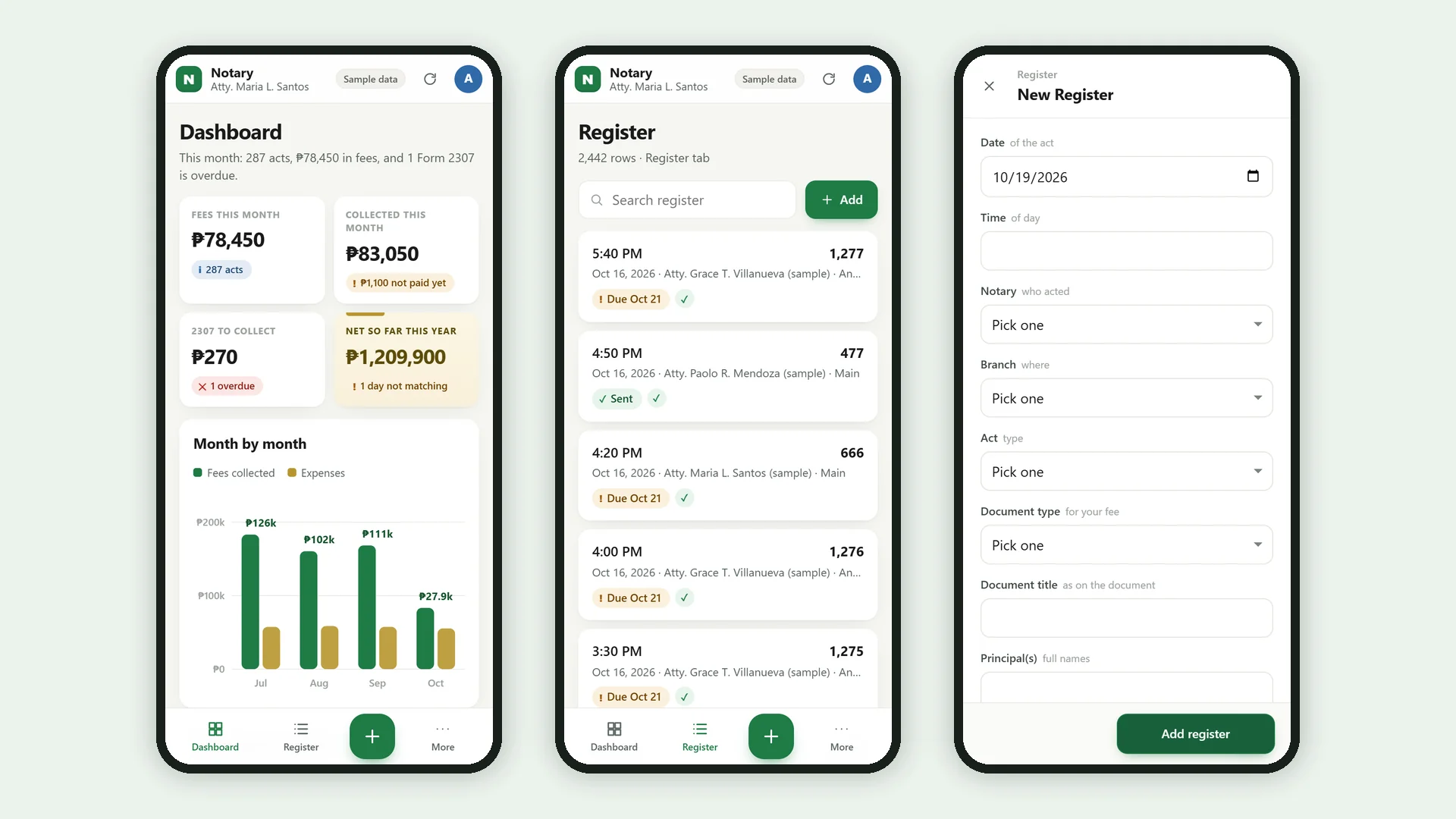 Profit Engine app: the same app on a phone: dashboard, list and add form (sample data)