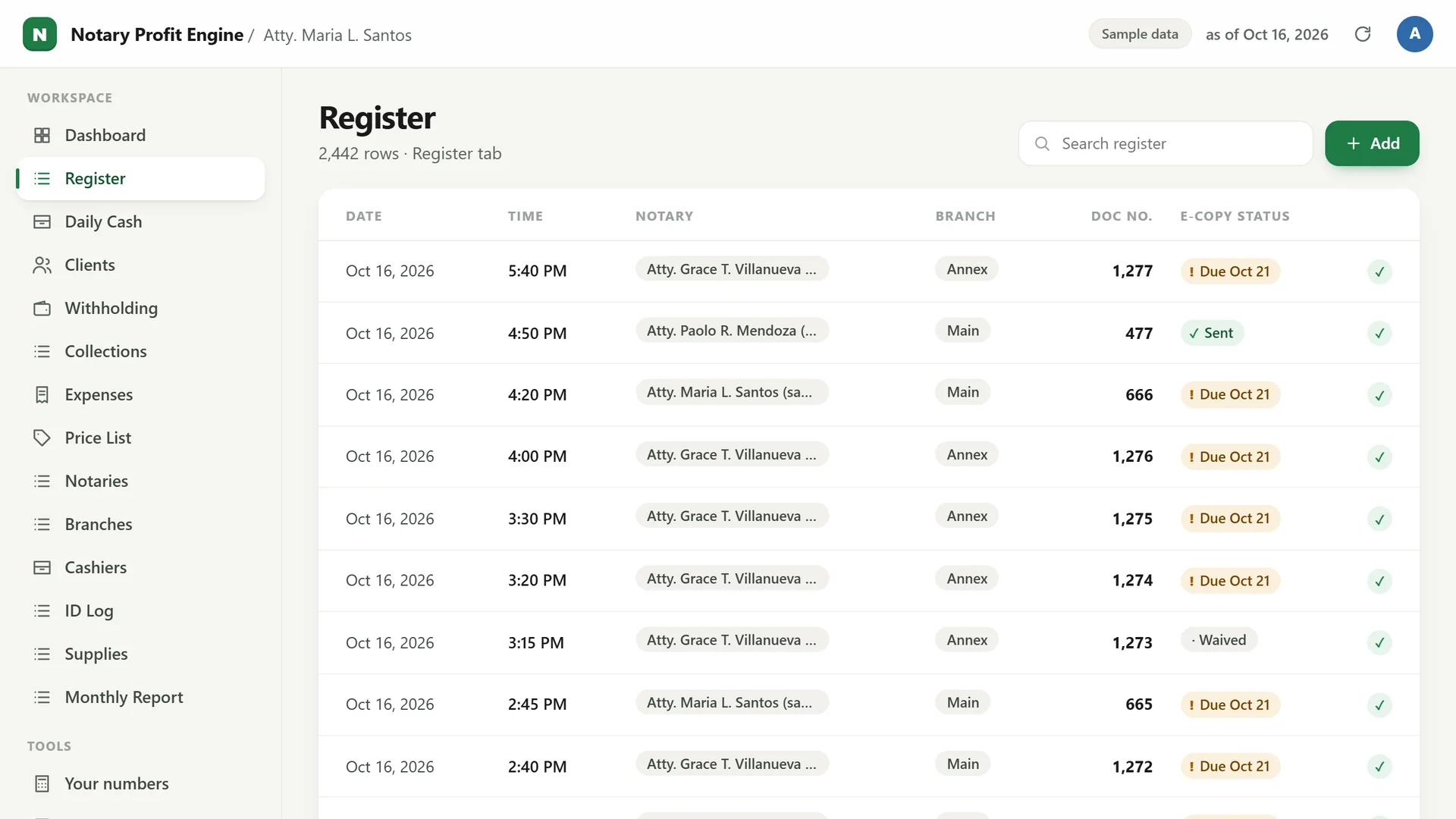 Profit Engine app: the register list of notarial acts (sample data)