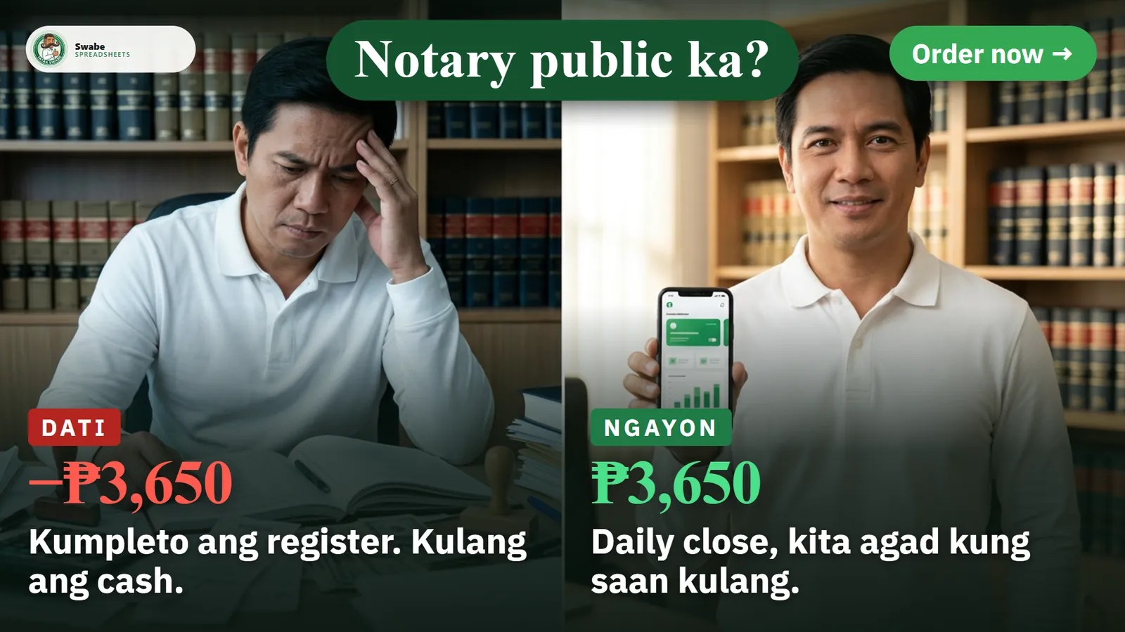 Illustration: a notary public owner, stressed before and calm after with the app on the phone