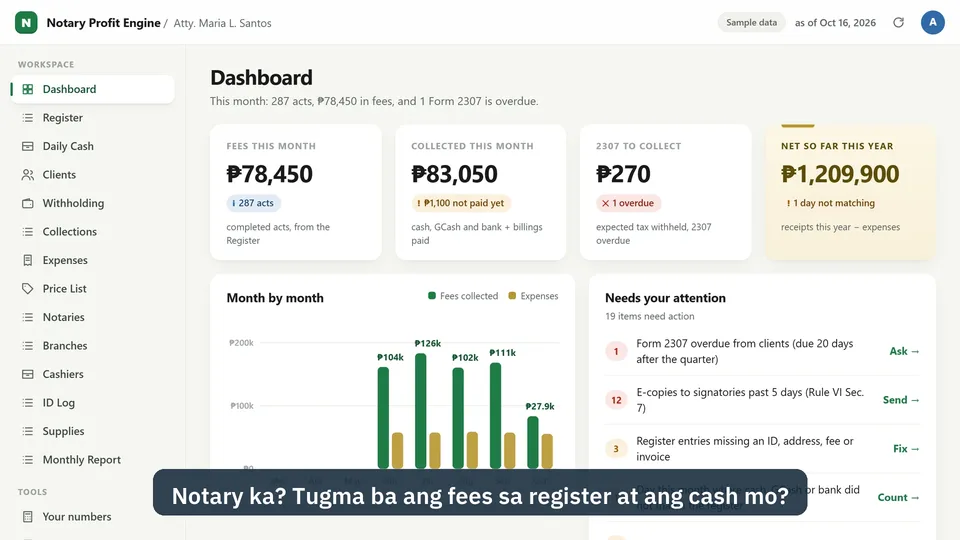 33-second narrated tour of the Notary Profit Engine app (sample data)