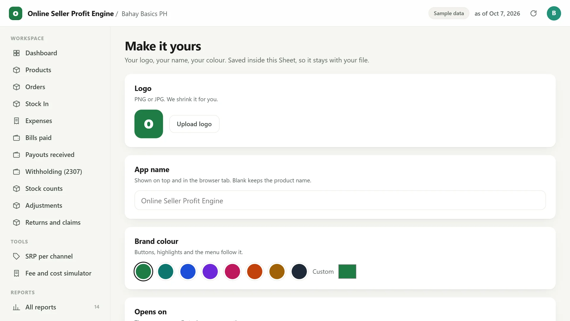 Profit Engine app: Make it yours: your logo, app name and colour (sample data)