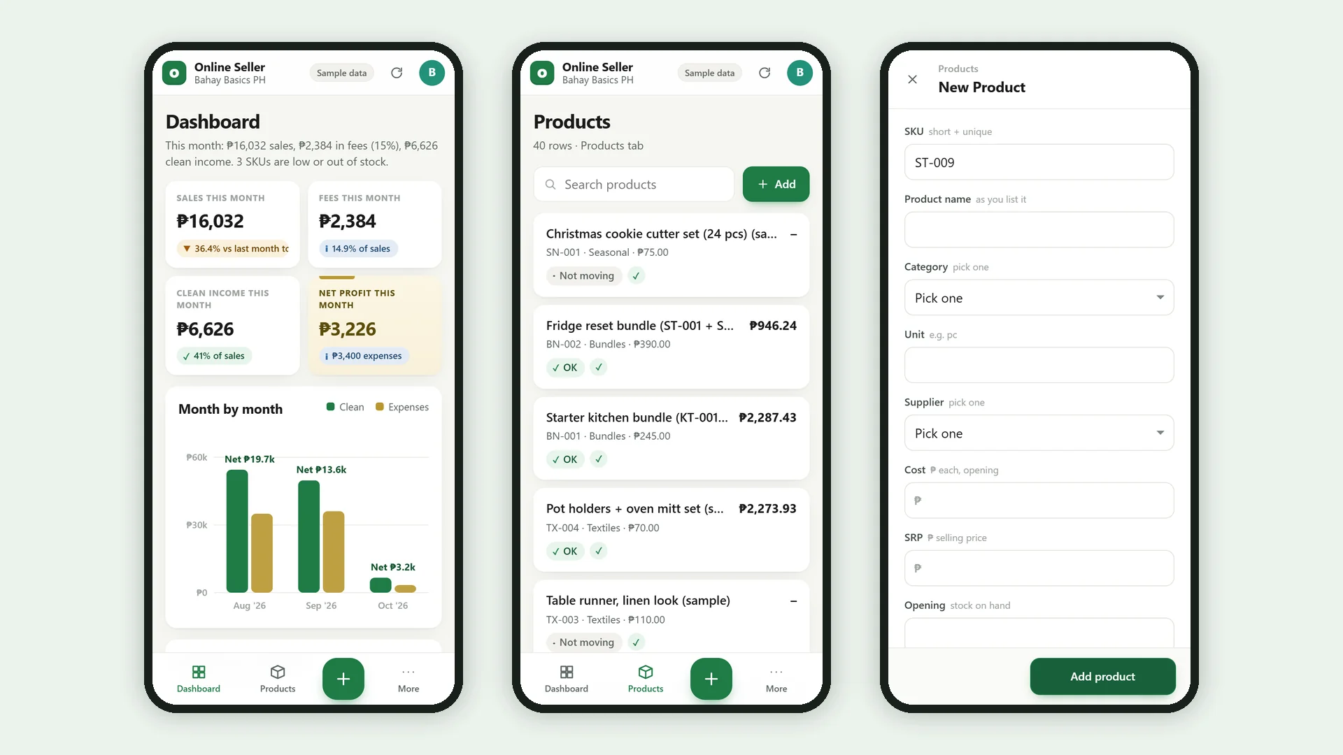 Profit Engine app: the same app on a phone: dashboard, list and add form (sample data)