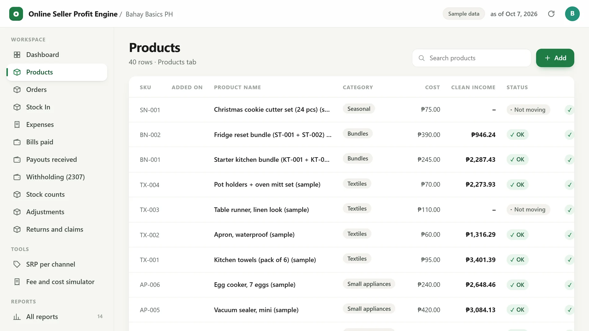 Profit Engine app: the product list (sample data)