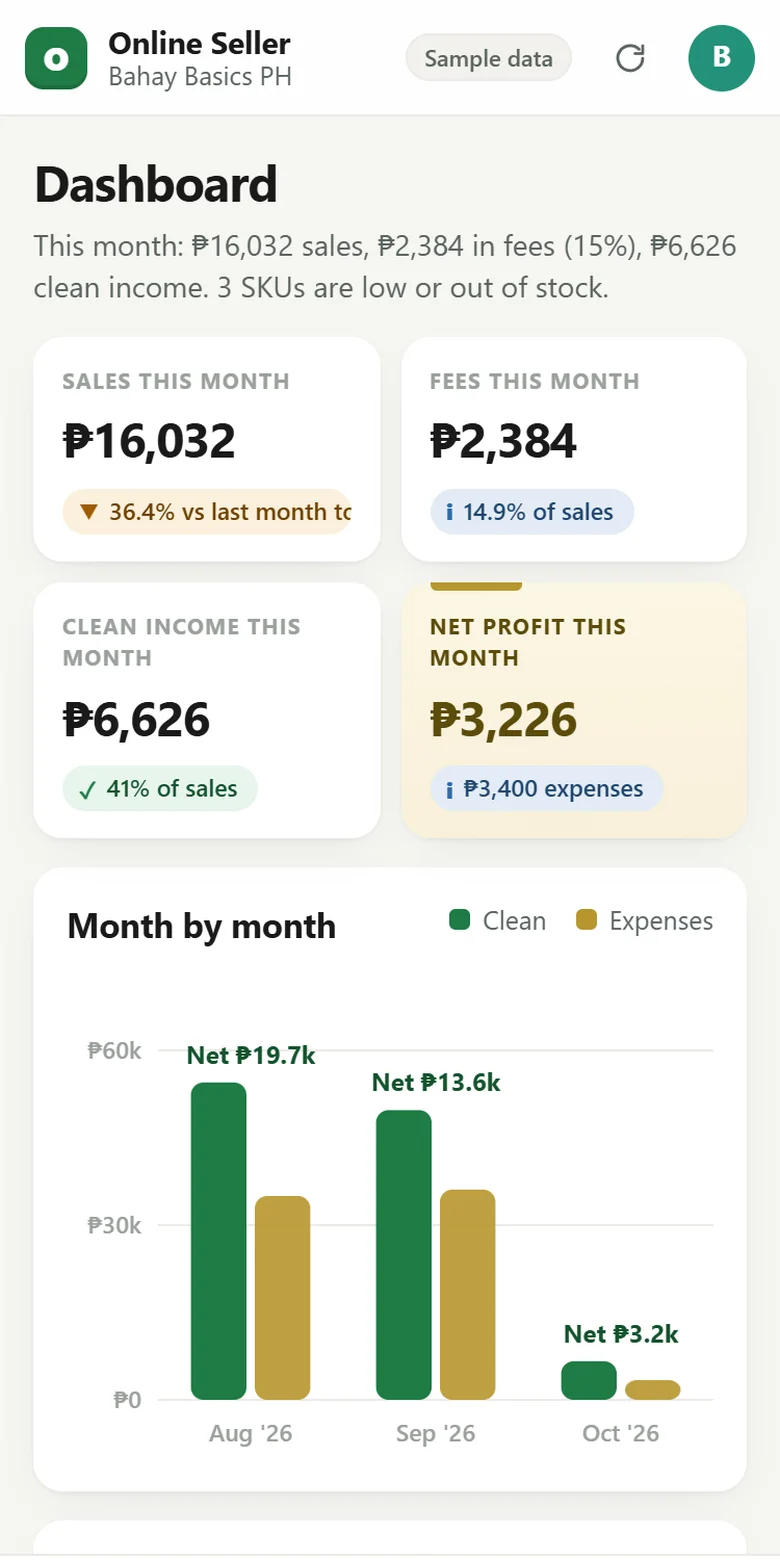 Online Seller Profit Engine app on a phone (sample data)