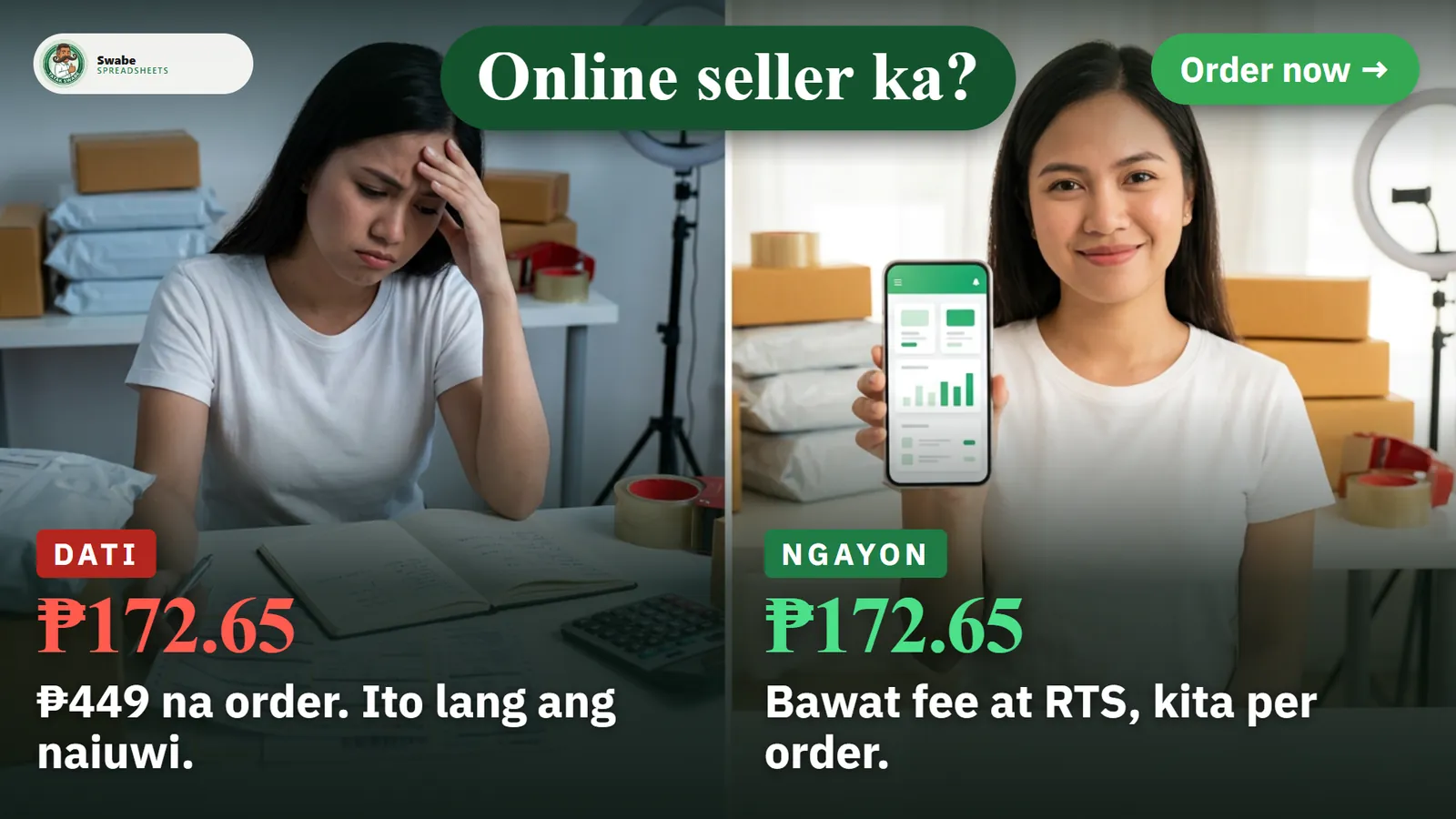 Illustration: a online seller owner, stressed before and calm after with the app on the phone