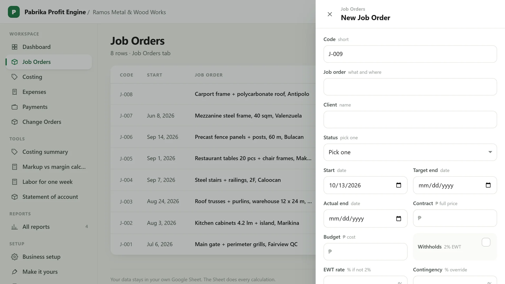 Profit Engine app: the add form for a new expense (sample data)