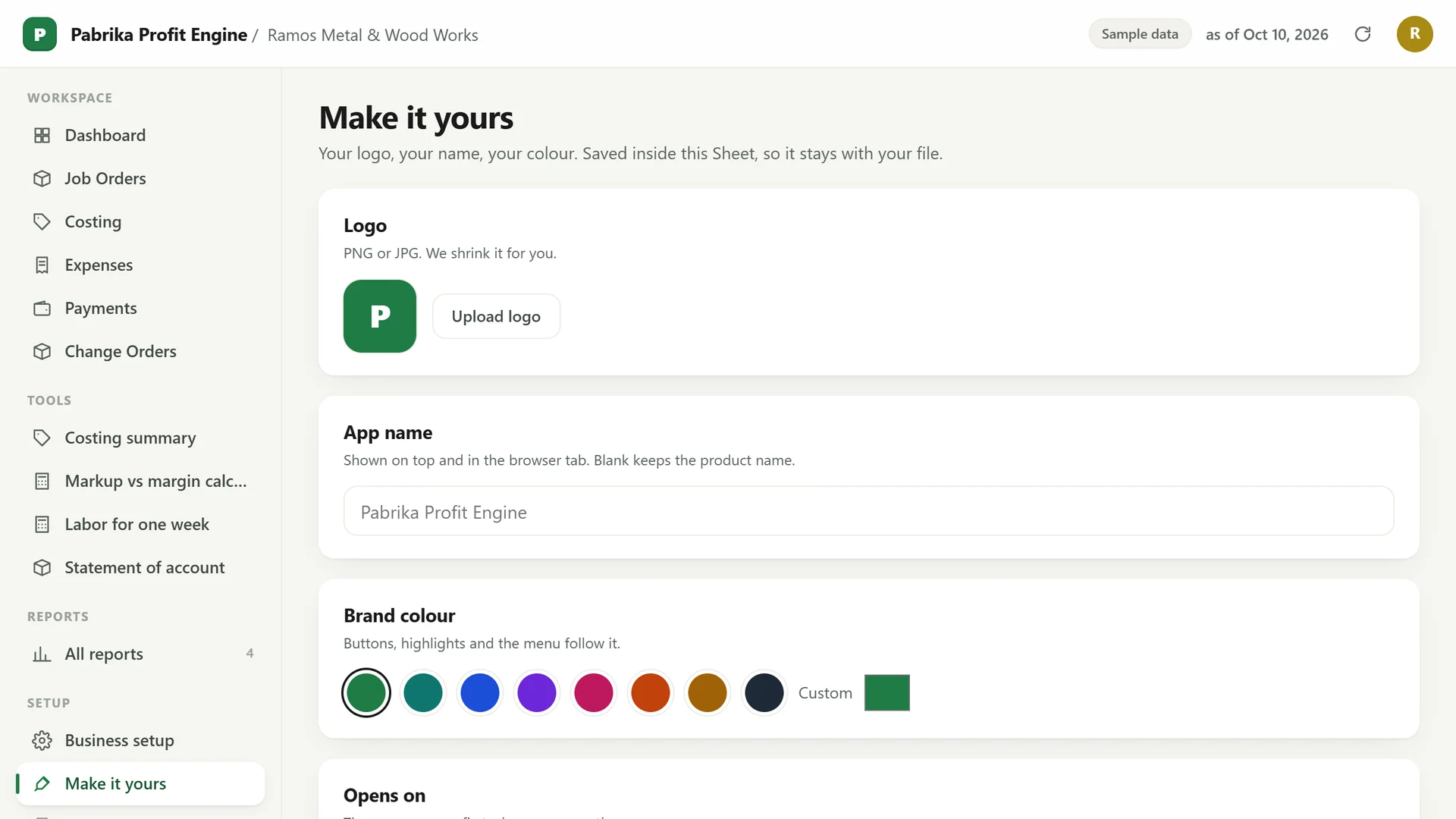 Profit Engine app: Make it yours: your logo, app name and colour (sample data)