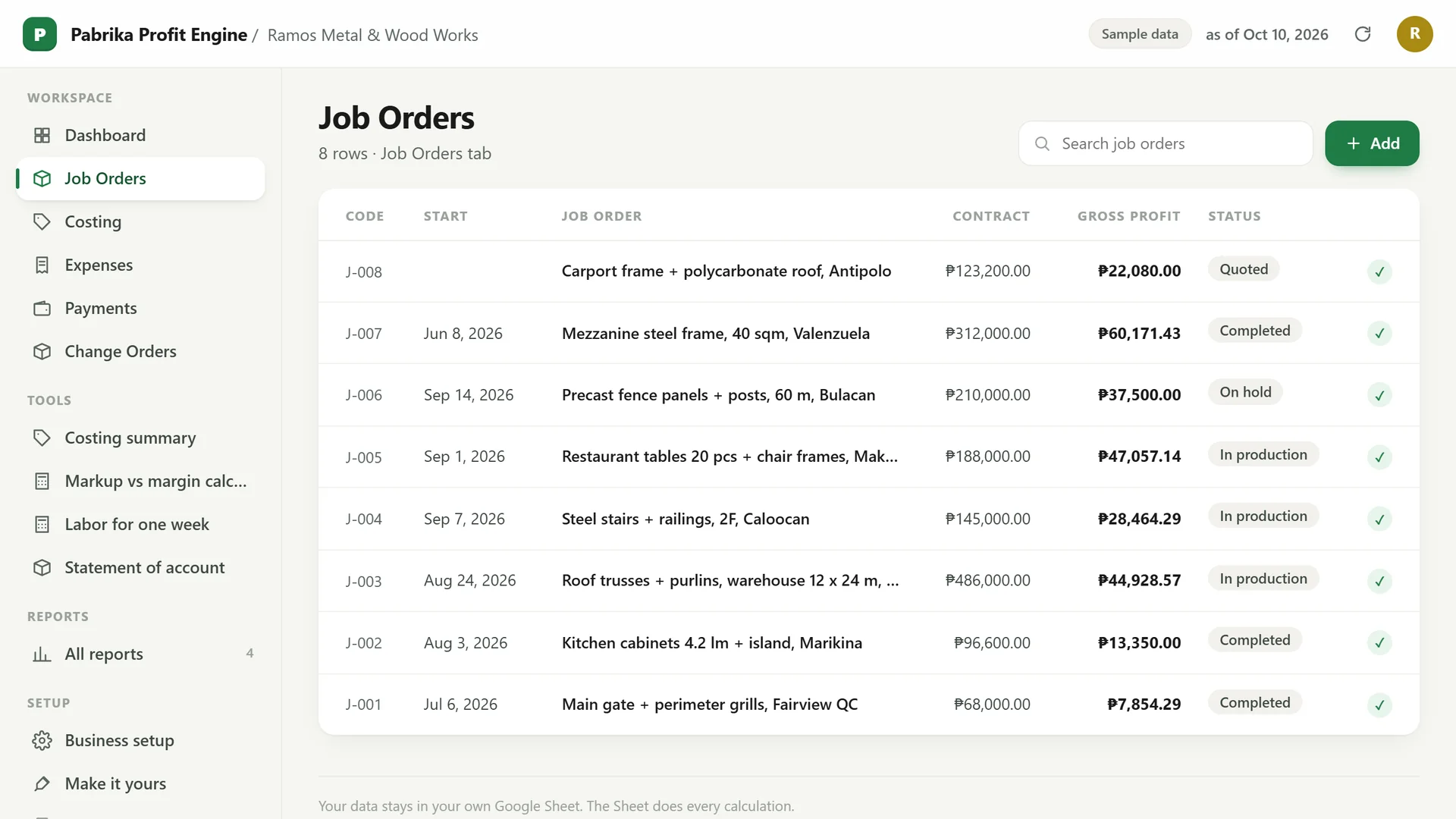 Profit Engine app: the job order list (sample data)