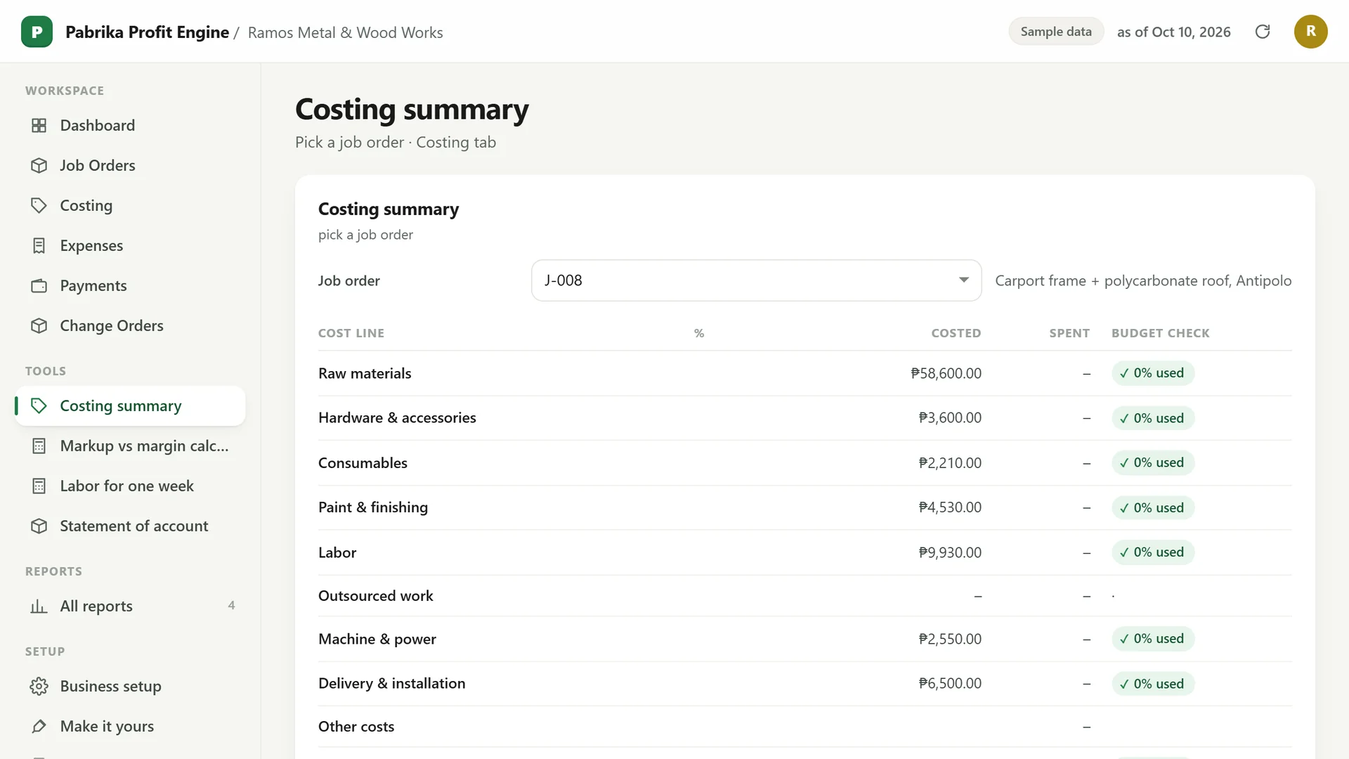Profit Engine app: Costing summary of a job order: every cost line, costed vs spent, with a budget check (sample data)