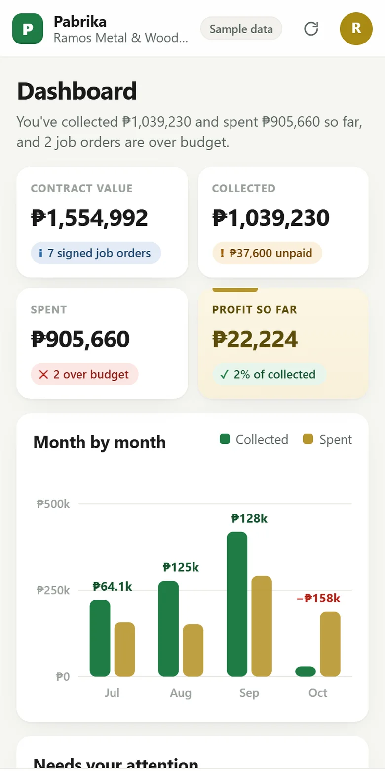 Pabrika Profit Engine app on a phone (sample data)