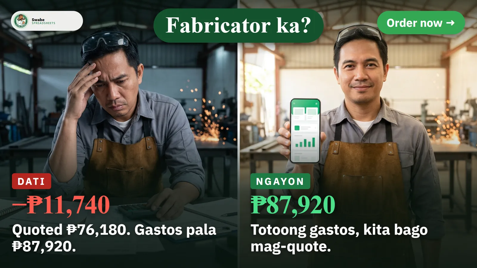 Illustration: a fabricator owner, stressed before and calm after with the app on the phone