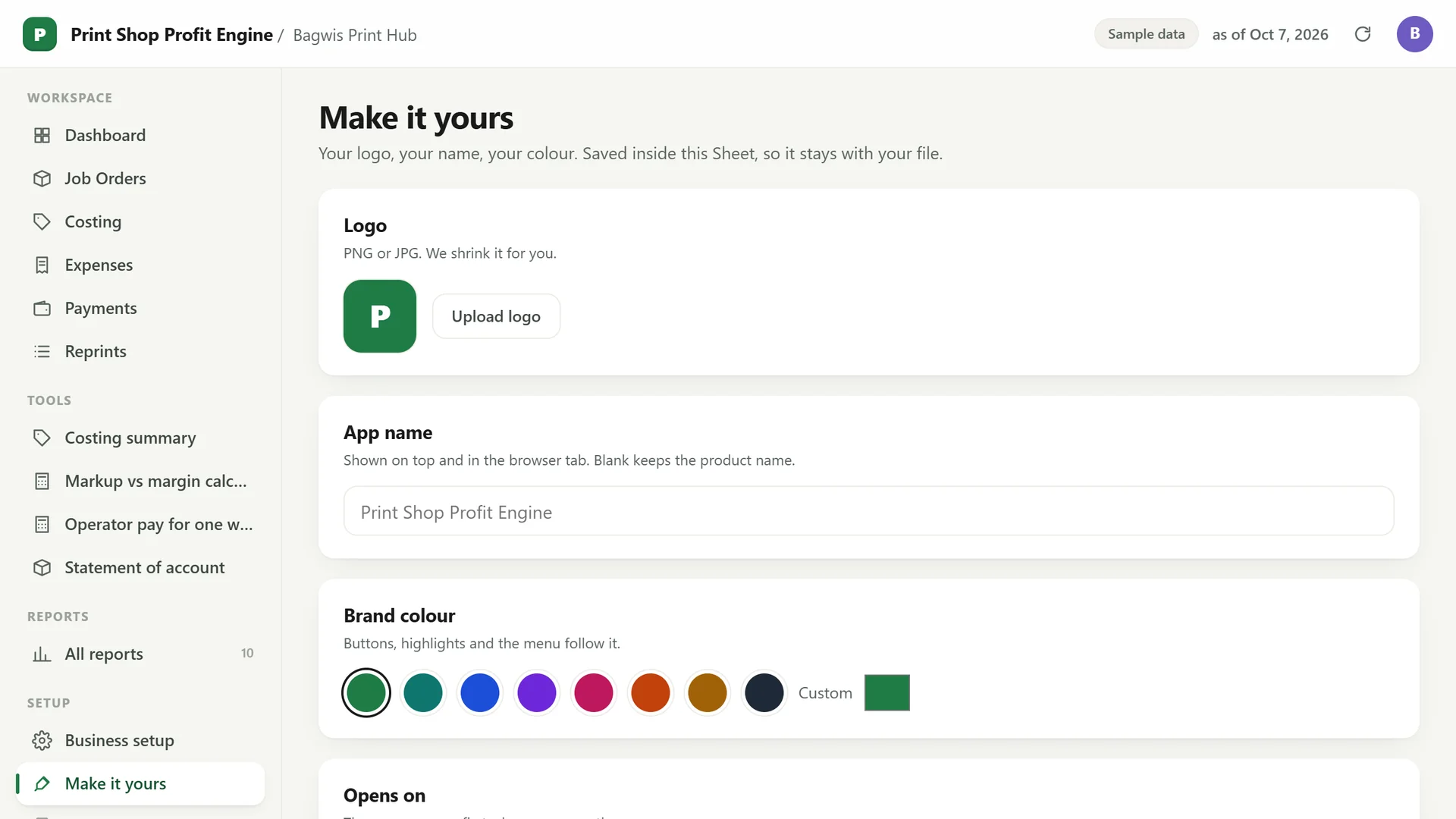 Profit Engine app: Make it yours: your logo, app name and colour (sample data)