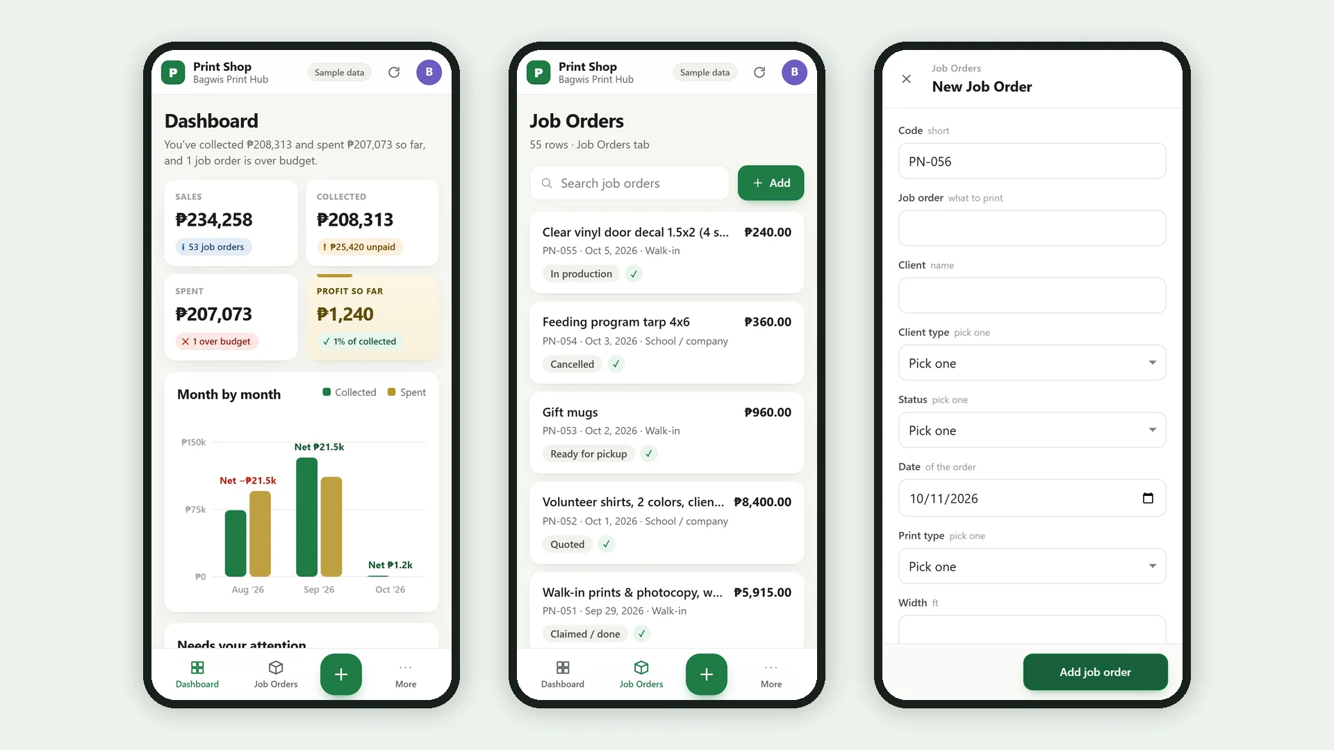 Profit Engine app: the same app on a phone: dashboard, list and add form (sample data)