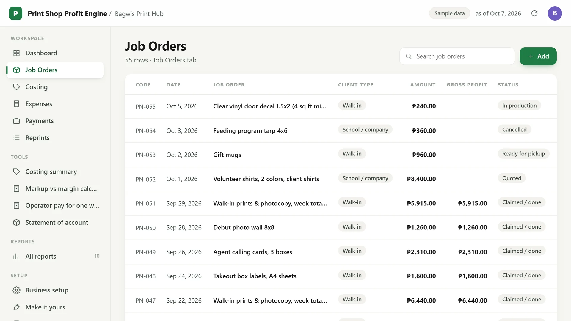 Profit Engine app: the job order list (sample data)