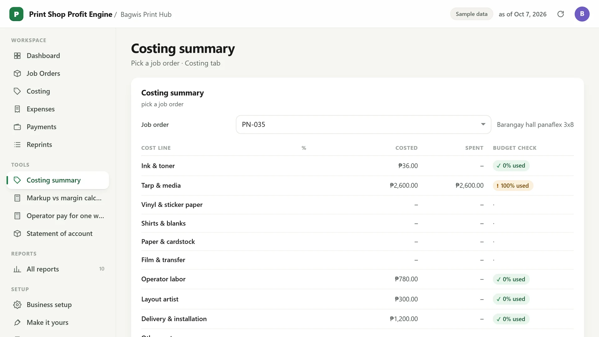 Profit Engine app: Costing per job order, vs budget (sample data)
