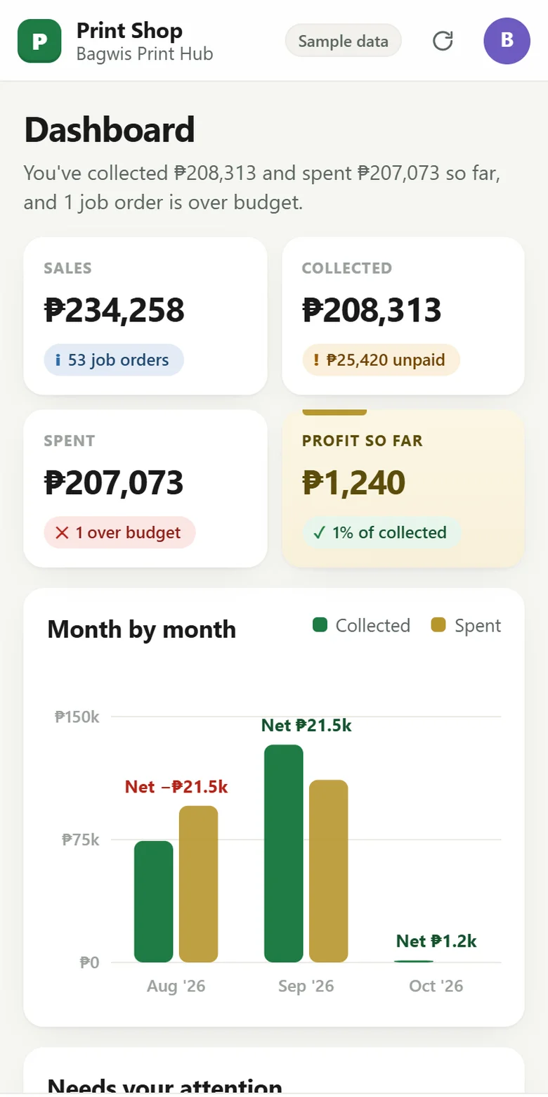 Print Shop Profit Engine app on a phone (sample data)