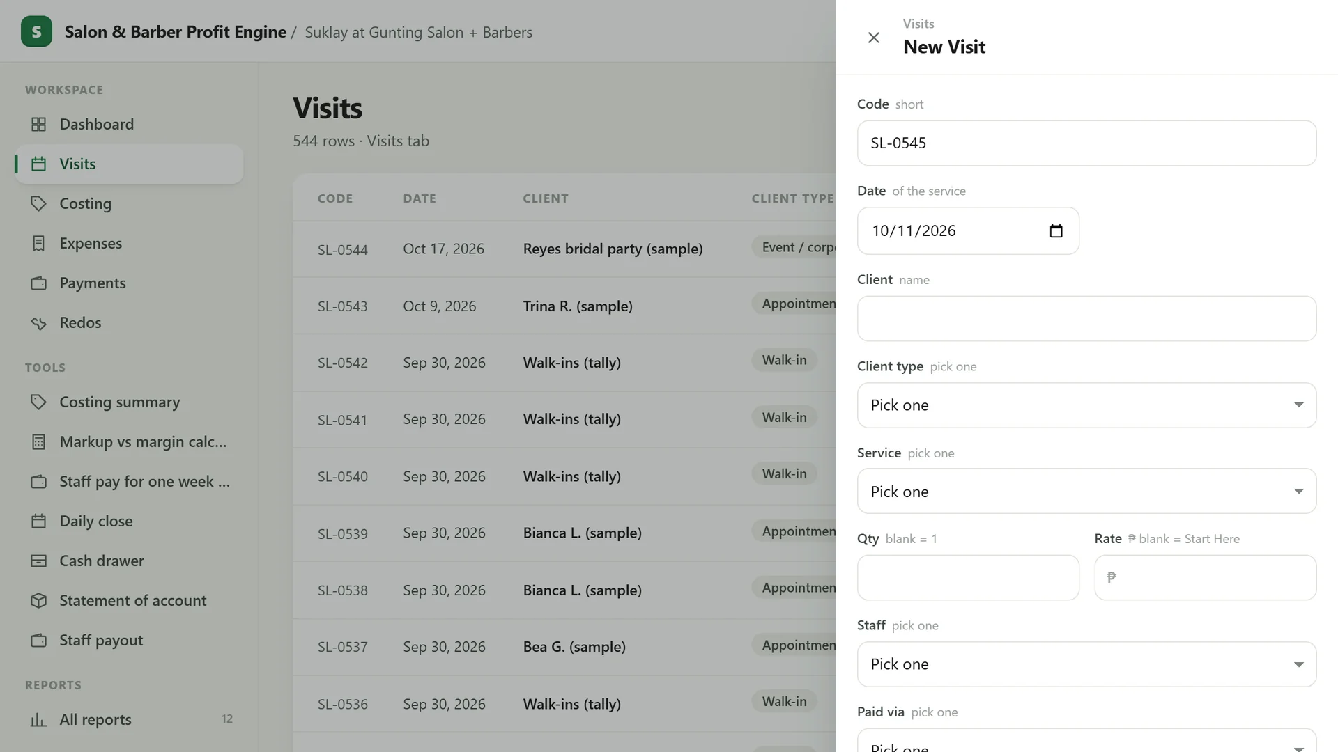 Profit Engine app: the add form for a new visit (sample data)