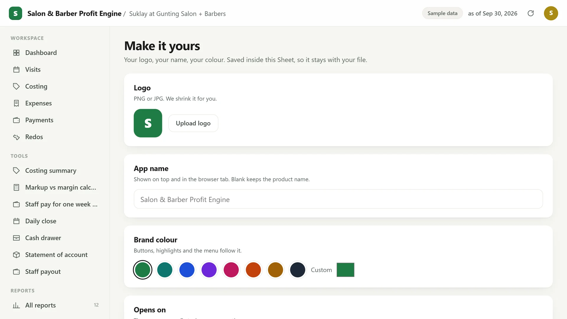 Profit Engine app: Make it yours: your logo, app name and colour (sample data)