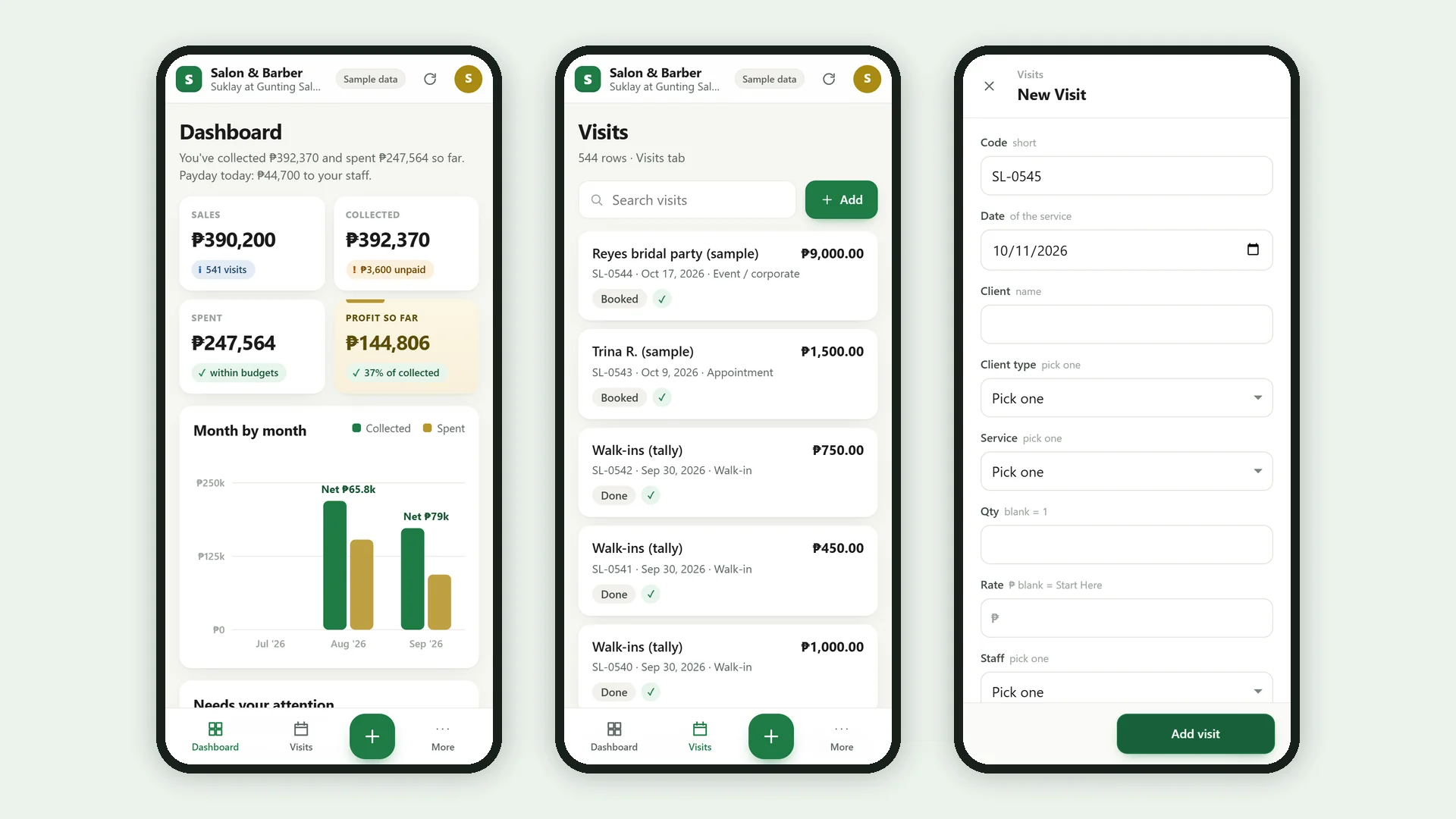 Profit Engine app: the same app on a phone: dashboard, list and add form (sample data)