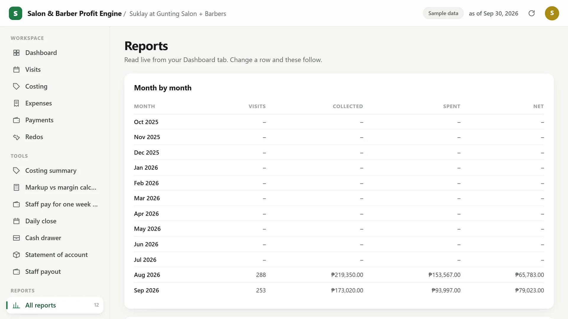 Profit Engine app: reports, month by month (sample data)