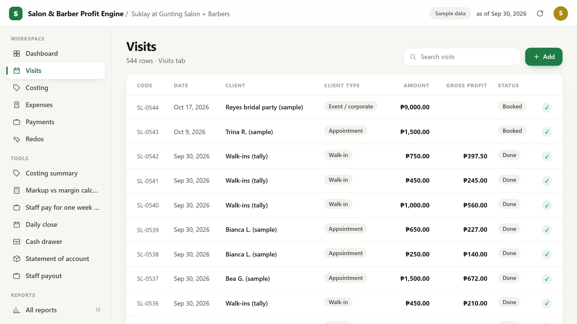 Profit Engine app: the visit list (sample data)