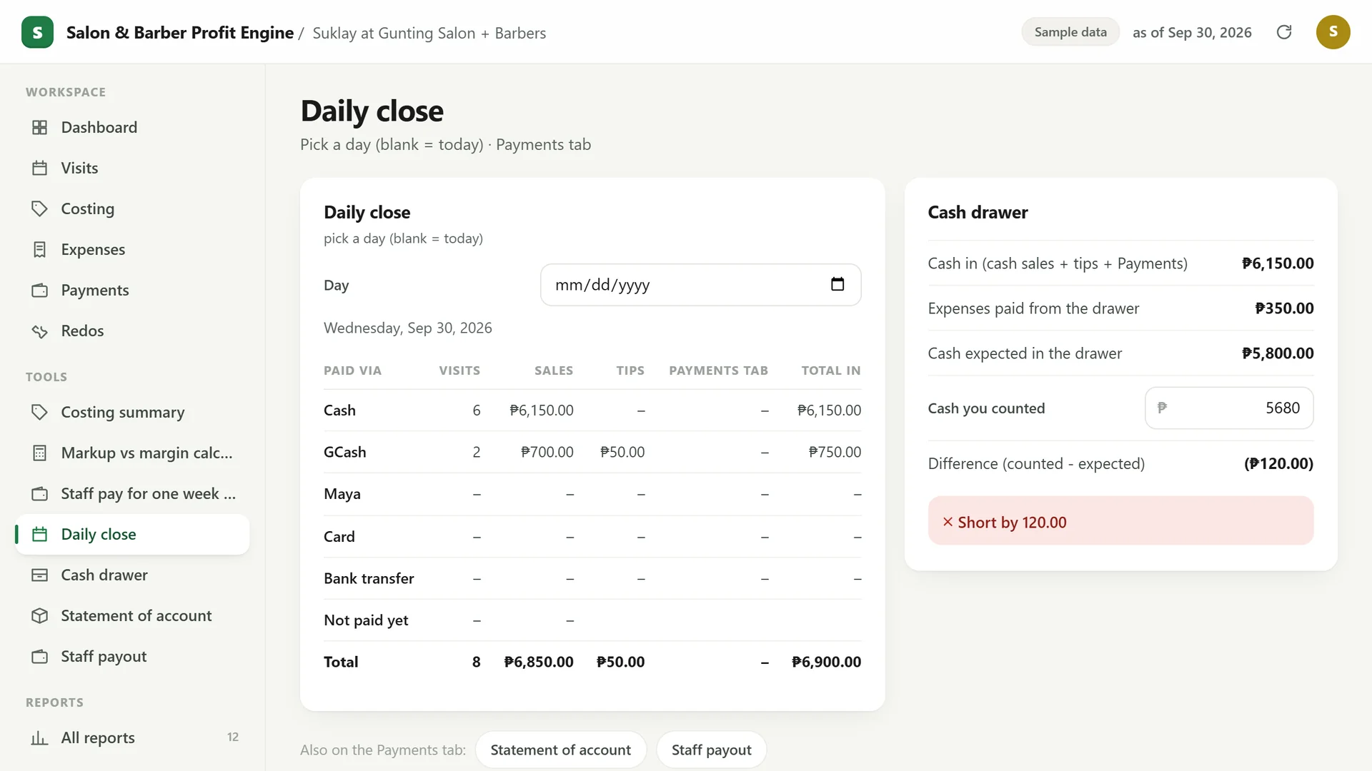 Profit Engine app: Daily close (sample data)