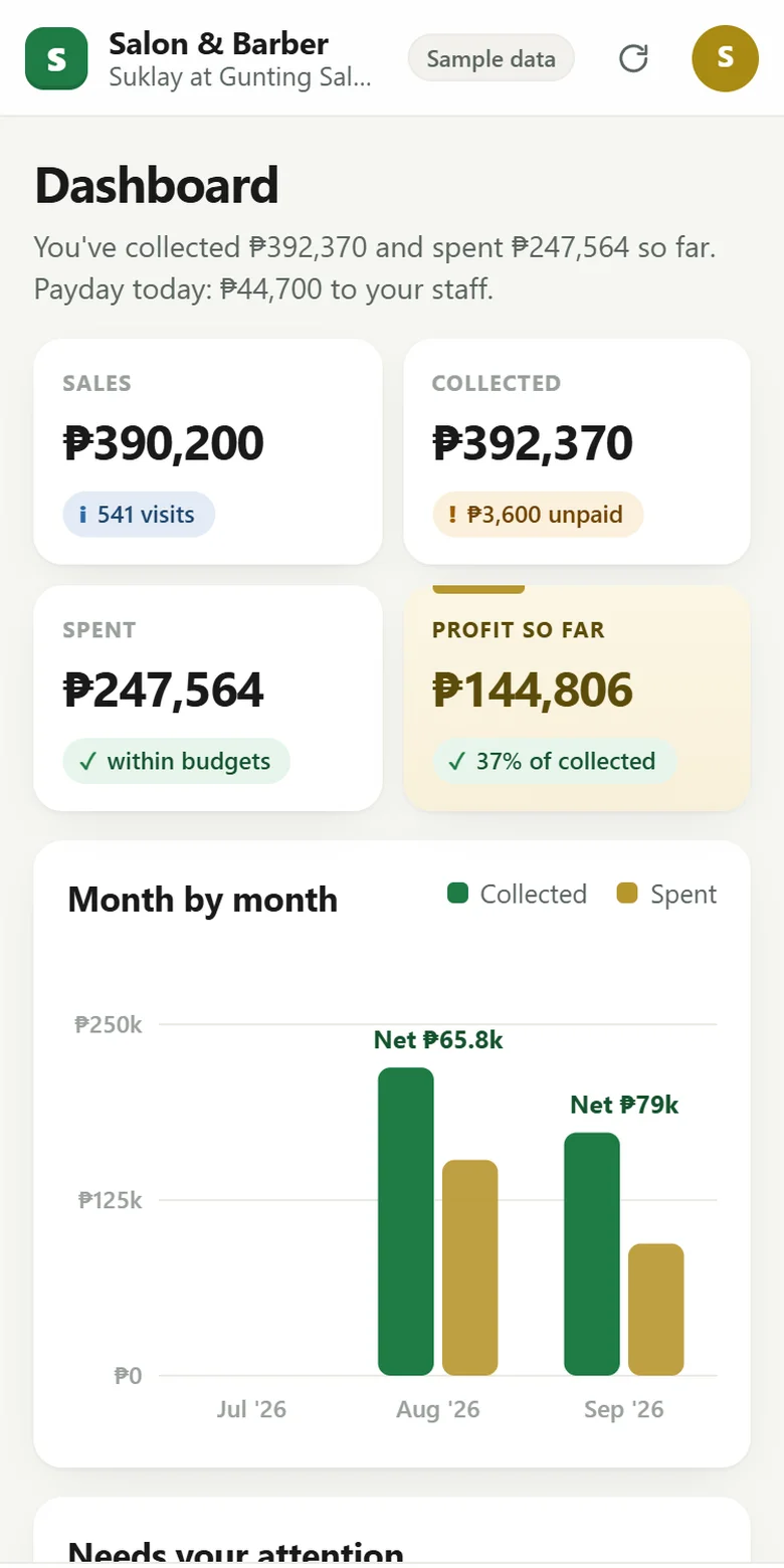 Salon & Barber Profit Engine app on a phone (sample data)