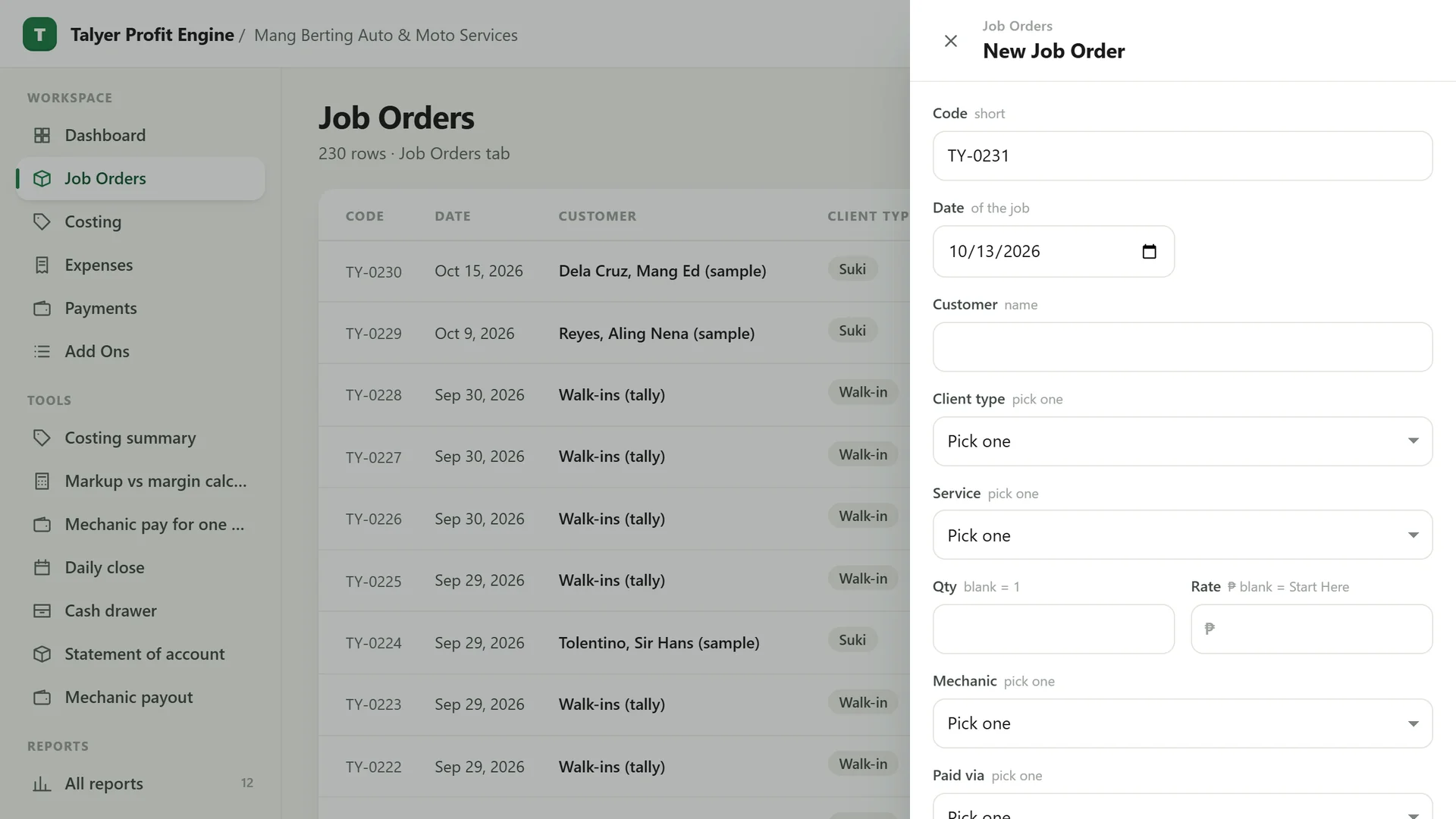 Profit Engine app: the add form for a new job order (sample data)