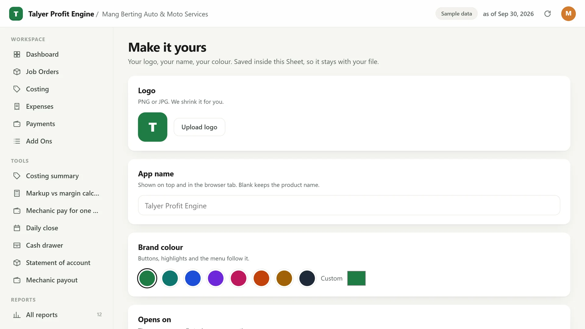 Profit Engine app: Make it yours: your logo, app name and colour (sample data)