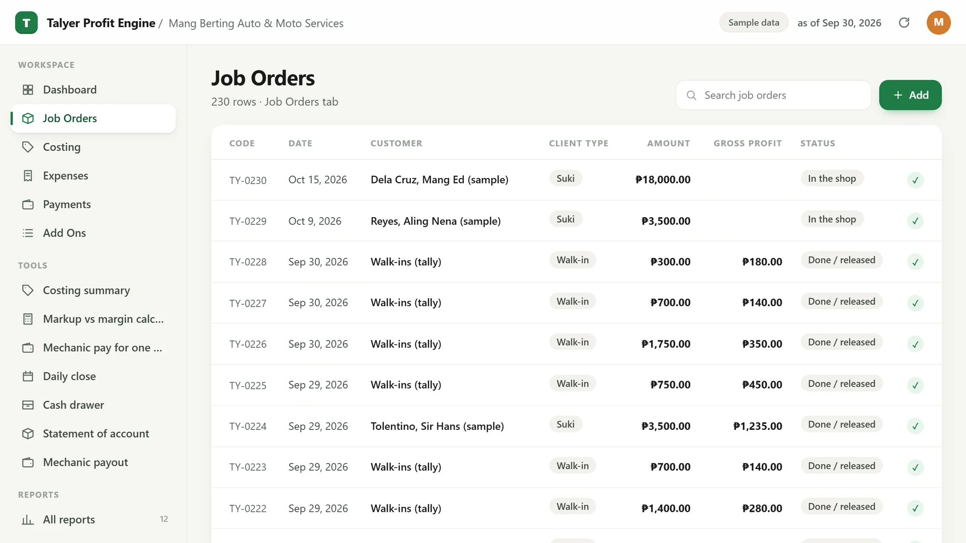 Profit Engine app: the job order list (sample data)