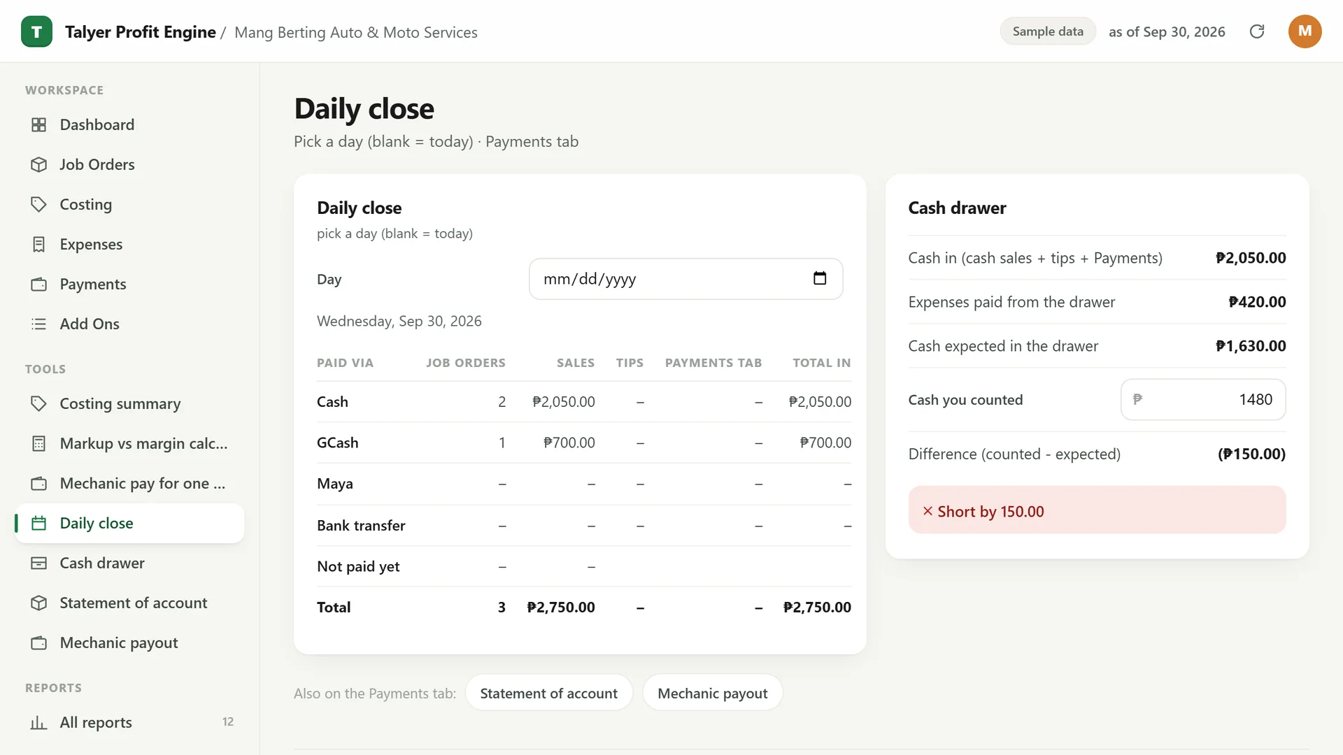 Profit Engine app: Daily close (sample data)