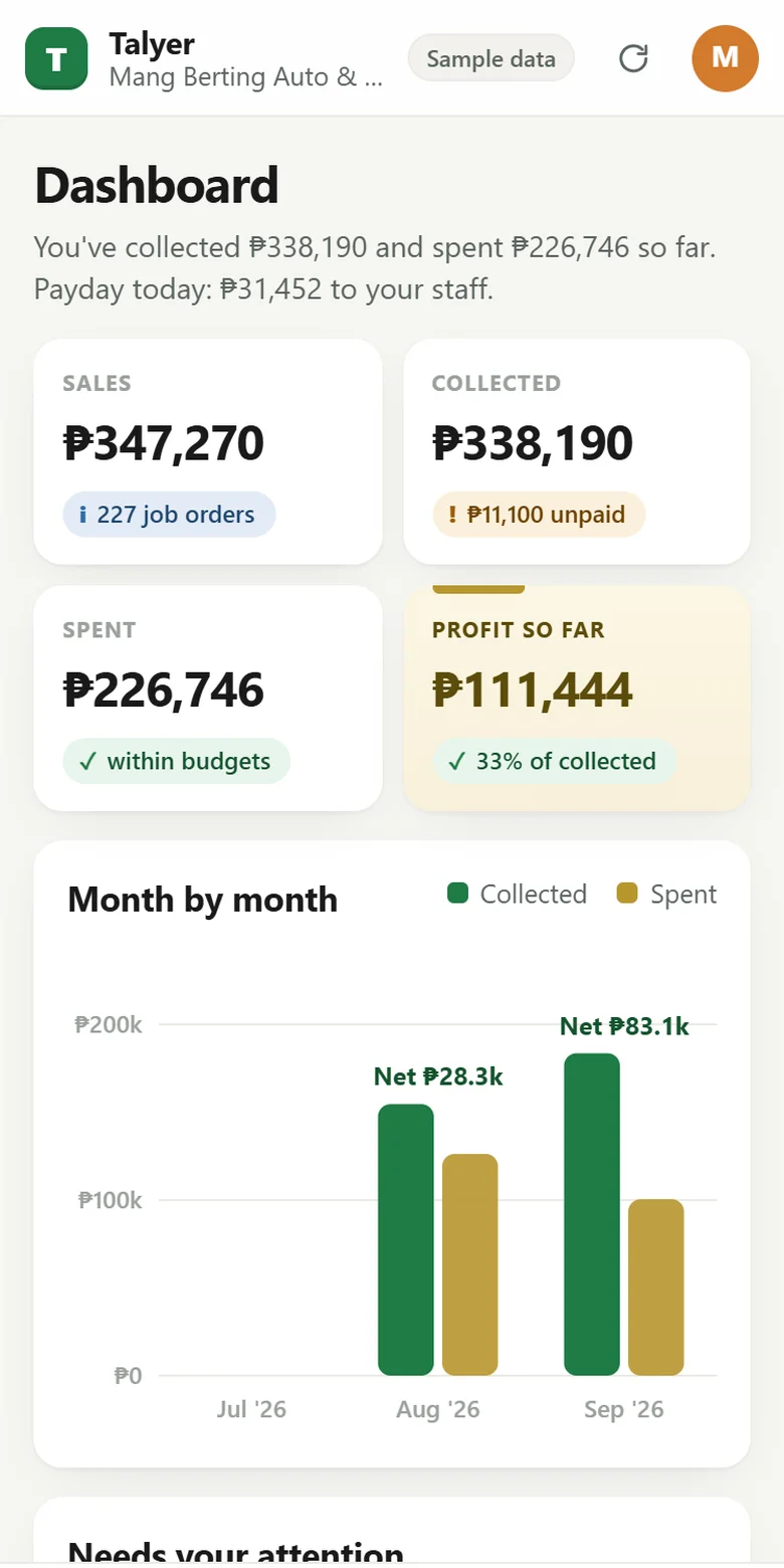 Talyer Profit Engine app on a phone (sample data)