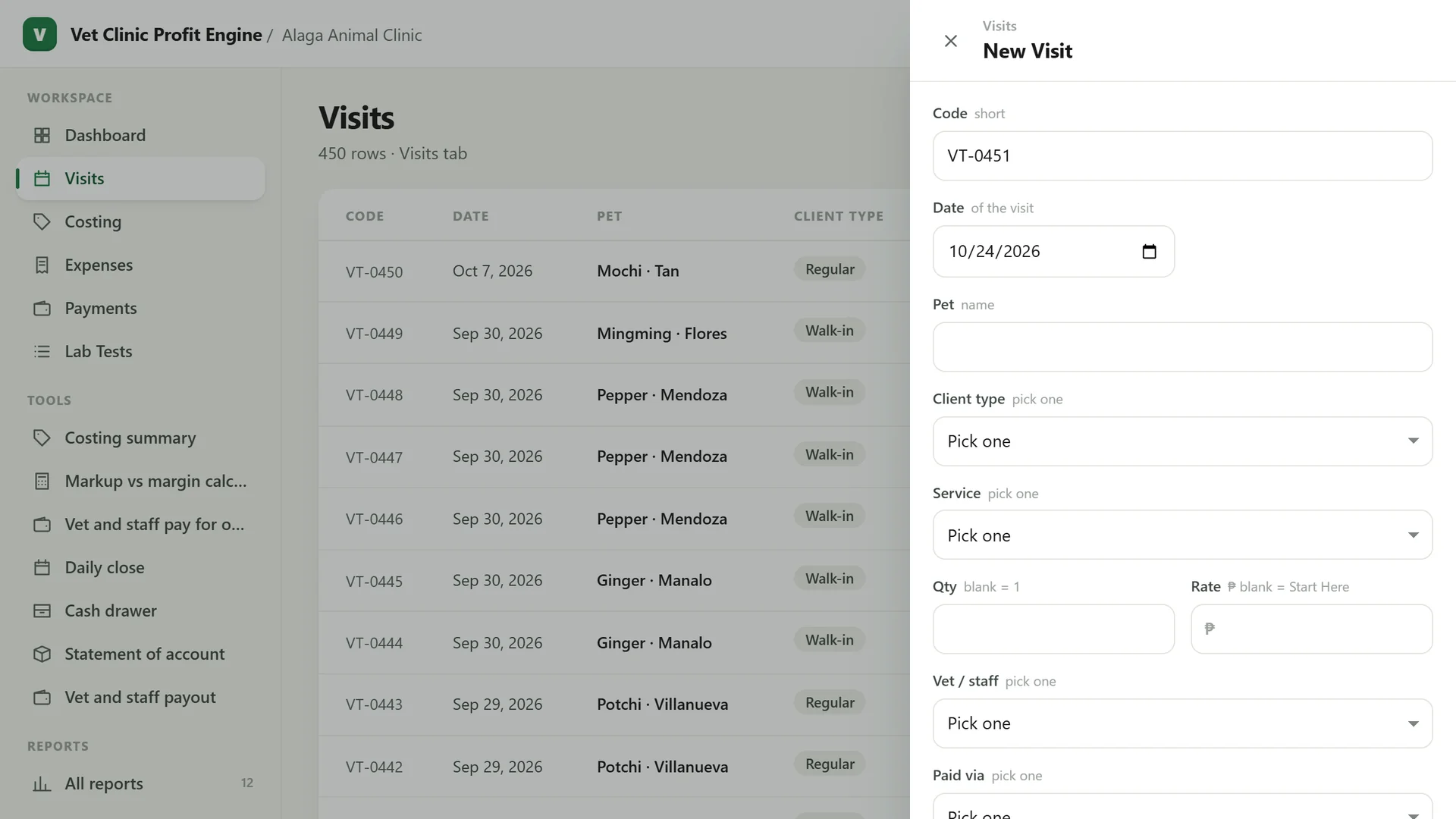 Profit Engine app: the add form for a new visit (sample data)