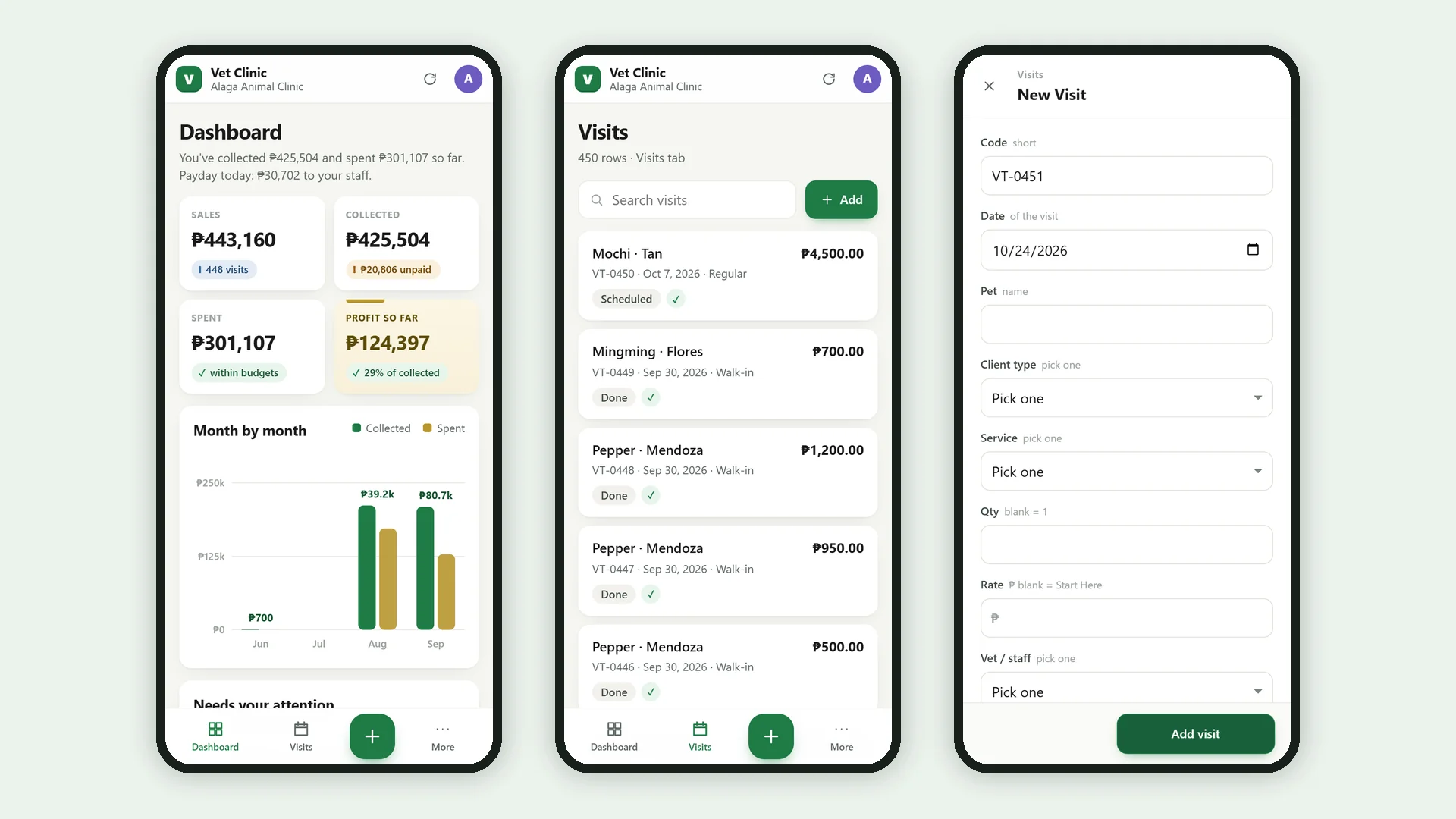 Profit Engine app: the same app on a phone: dashboard, list and add form (sample data)