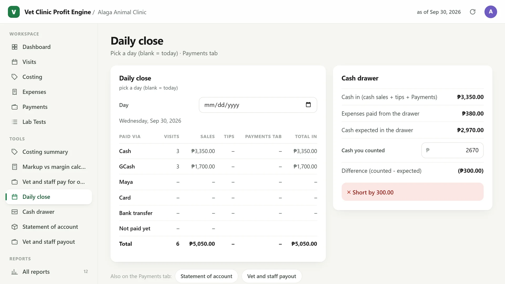 Profit Engine app: Daily close (sample data)